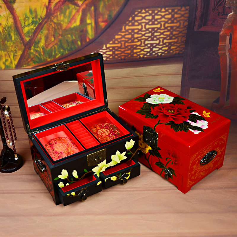 China Wind Pure Handmade Lacquered Ware Pendulum Piece First Accessories Box Drawer Jewelry Containing Box Wedding Dowry Traditional Feature Gift