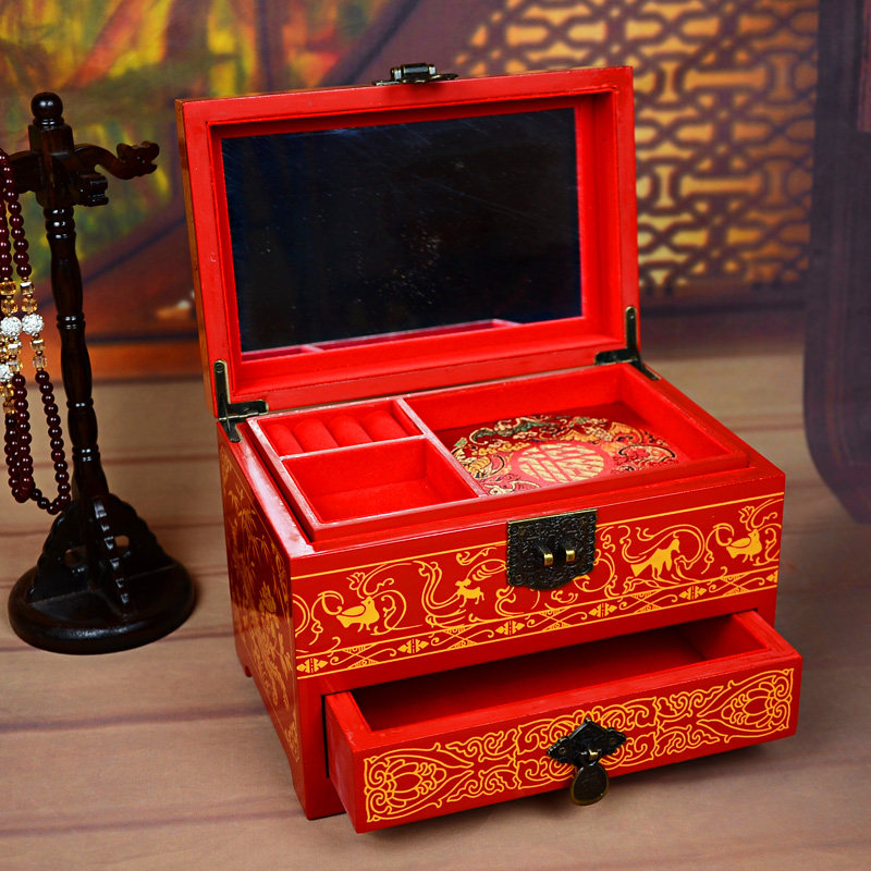 China Wind Pure Handmade Lacquered Ware Pendulum Piece First Accessories Box Drawer Jewelry Containing Box Wedding Dowry Traditional Feature Gift