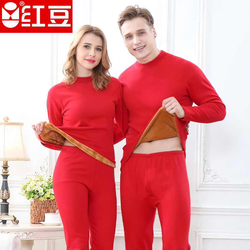 Red bean male and female mid-and-half-high collar red Ben-year plus suede thickened mid-age increased code fever sweatpants