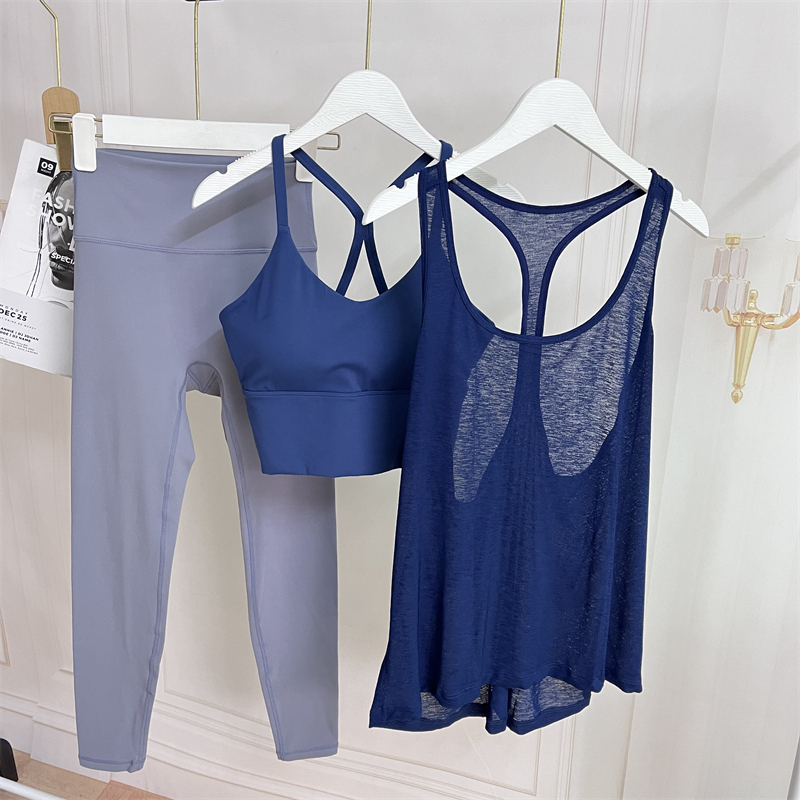 Navy Blue Sleeveless Vest Yoga Sports Fitness Suit for Women, Three-Piece Set, High-End Pilates Summer Thin Quick-Drying Style