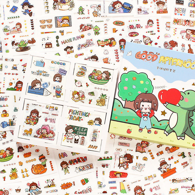 Xiaozha & Hezhi & 100 Gift Boxes200 Zhang Cartoon lovely Hand account Stickers Gift box suit School Supplies  DIY character Hand account decorate source material Stickers