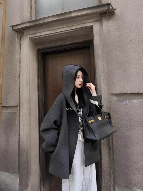 2025 Autumn New Korean Style Wool Double-Sided Coat Short Loose Hooded Woolen Jacket for Petite Women