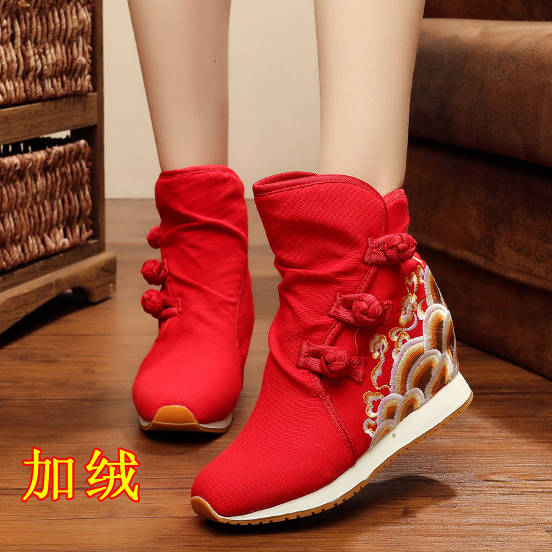 Giày nữ Bắc Kinh cổ cao, giày đế bệt thêu ngắn boot nữ cao cổ
