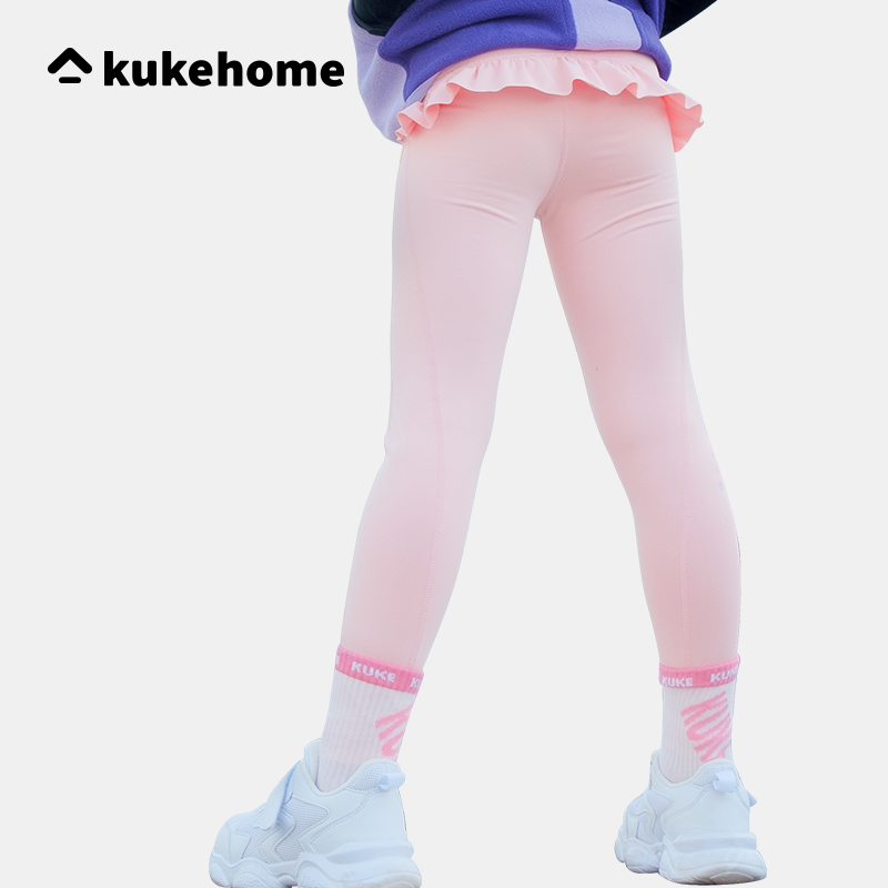 KUKE autumn and winter new children's yoga pants nude stretch ruffles plus velvet bottoming casual physical fitness pants