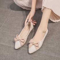 Bridesmaid shoes daily can wear low heel with butterfly knot single shoe pregnant woman flat bottom light mouth soft bottom pointed shoes ladyshoe