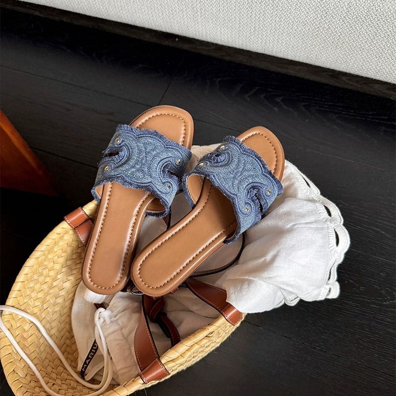 Vacation Style~ Tassel Denim Summer New Style Slip-On Women's Flat Genuine Leather Versatile Beach Sandals Vacation Style~ Tassel Denim Summer New Style Slip-On Women's Flat Genuine Leather Versatile Beach Sandals