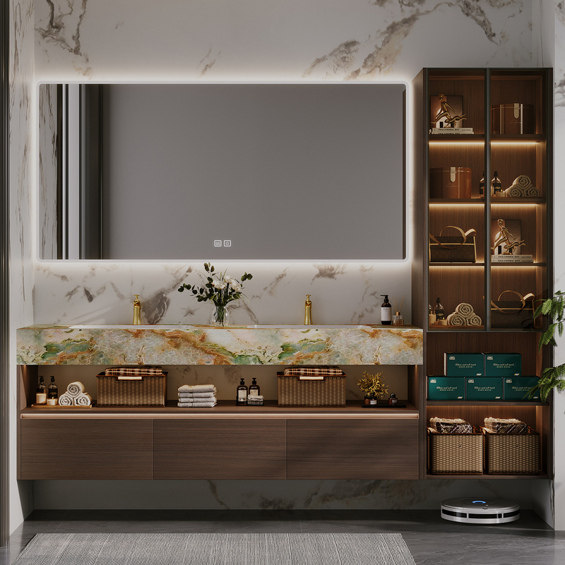 Double Basin Bathroom Cabinet Set with Marble Luxury Stone Seamless Ceramic Basin, Bathroom Vanity Sink, Washbasin Cabinet