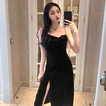 Gegger Home Black Velvet Side Open Cross Beauty Backless Dress Dress Dress Lady Sexy Waist Medium-length dress