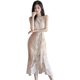 Gege family ladies sexy round neck show chest lace light luxury mid-length off-the-shoulder fishtail ruffled slit dress