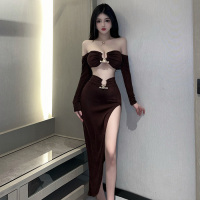 Gegejia European and American sexy hotties age-reducing navel-baring spliced long-sleeved tube top + slit hip-covering skirt suit for women