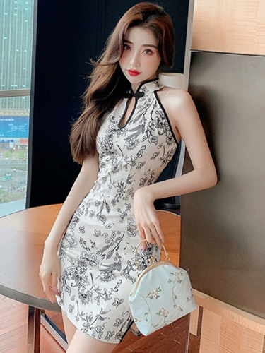 Летняя сексуальная сине-белая мини-юбка, ципао, платье, с акцентом на бедрах