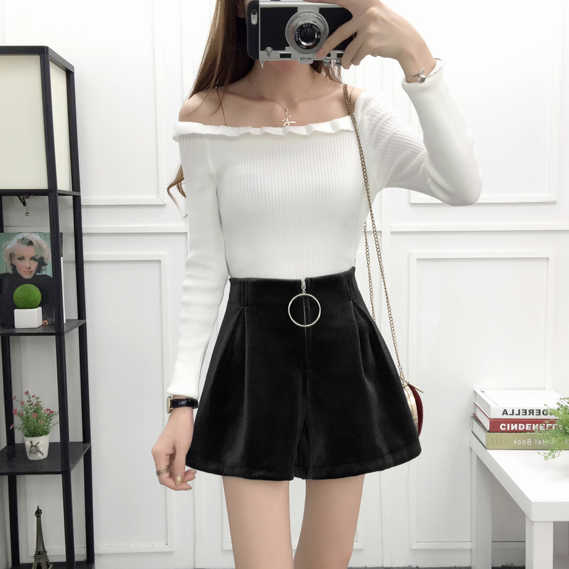 2018 quần short nữ mùa thu đông mới hoang dã quần ống rộng cạp cao là quần lửng bó sát màu sắc tinh khiết quần short da nữ mới