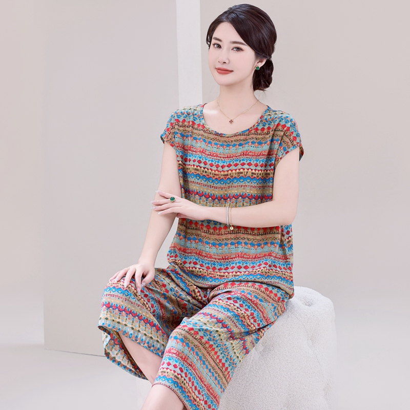 Mom's Pajamas New Style Women's Cotton Silk Large Size Artificial Cotton Middle-Aged and Elderly Short-Sleeved Two-Piece Suit Summer Home Wear Mom's Pajamas New Style Women's Cotton Silk Large Size Artificial Cotton Middle-Aged and Elderly Short-Sleeved Two-Piece Suit Summer Home Wear