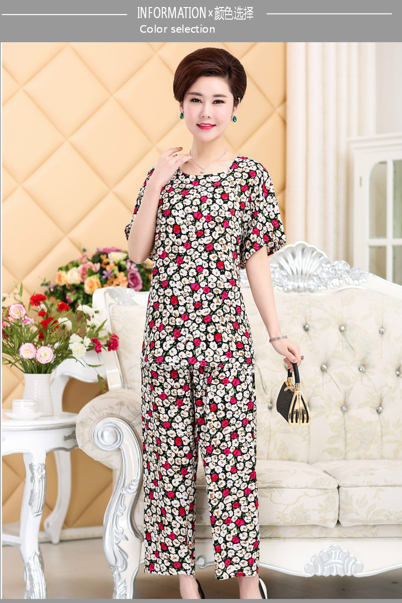 Mùa hè trung niên và người cao tuổi ngắn tay đồ ngủ đặt bông lụa XL của phụ nữ cotton mẹ nạp bông lụa dịch vụ nhà