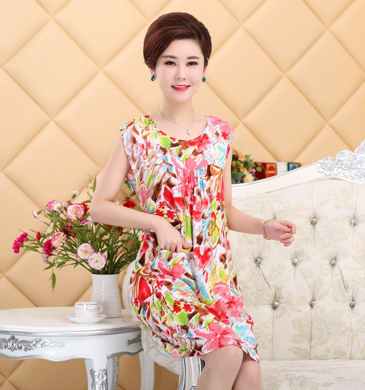 Mùa hè trung niên không tay nightdress XL cotton lụa đồ ngủ của phụ nữ cotton ngắn tay cotton dress dịch vụ nhà