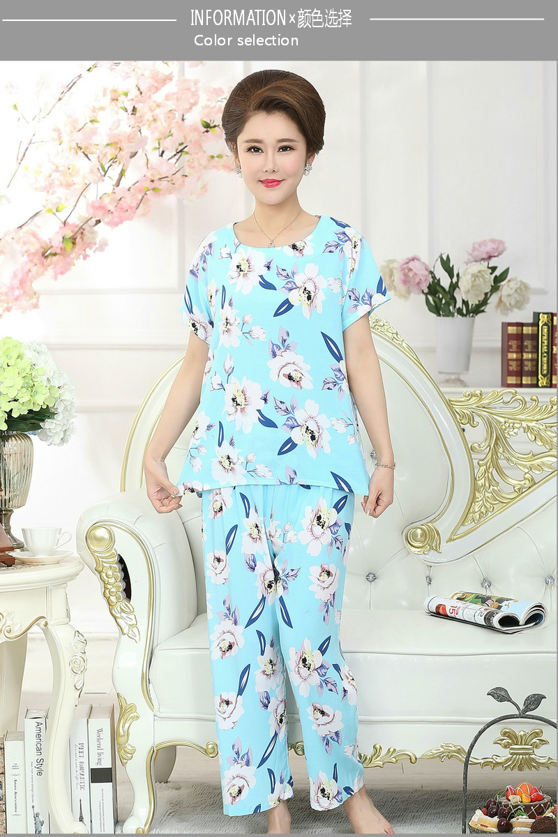 Mùa hè ngắn tay cotton lụa phù hợp với bông vải XL trung niên đồ ngủ phụ nữ vải cotton mẹ tải dịch vụ nhà