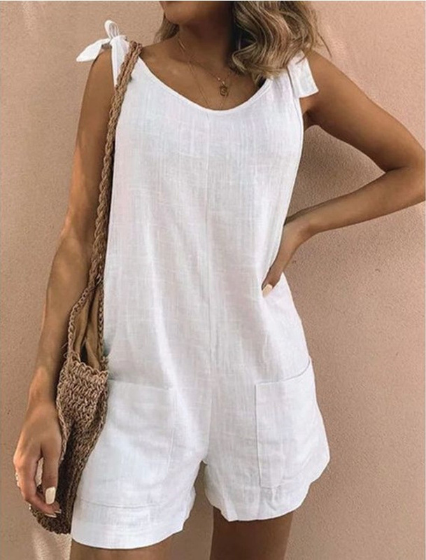 2023 European and American Summer Hot-Selling Solid Color Cotton and Linen Pocket Fashion Jumpsuit for Women