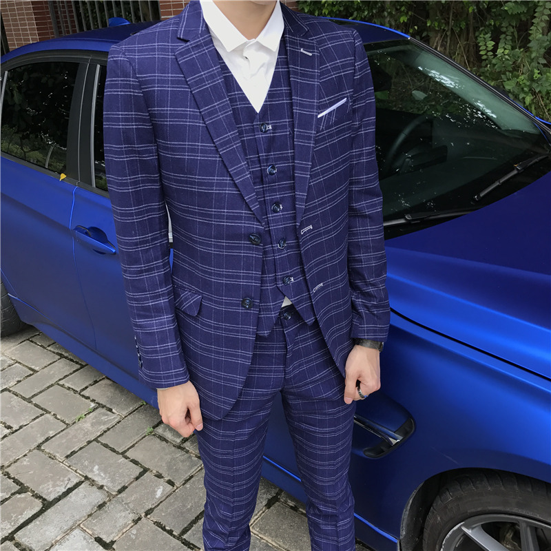 男士西服套装格子三件套商务正装修身青年男结婚西装套装韩版秋冬