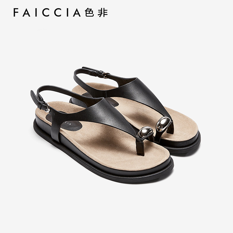 Celebrity New Style Same Color Non-Clip Toe Roman Casual Genuine Leather Sandals for Women 2025 Summer Retro Vacation Flat Thong Sandals