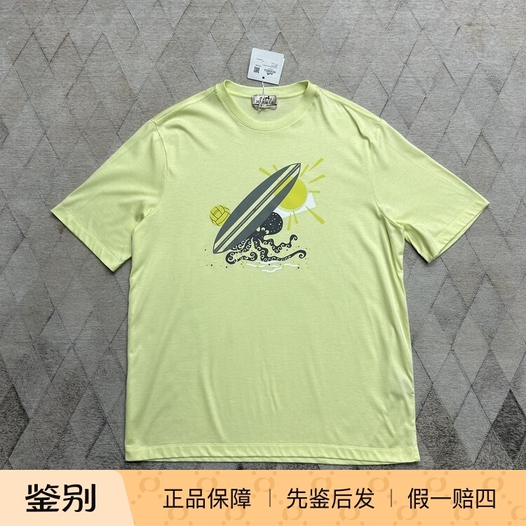 Hermes Sailing Ship Wave Short-Sleeved T-Shirt Round Neck Casual Versatile Light Luxury Fashion Trendy Printed T-Shirt