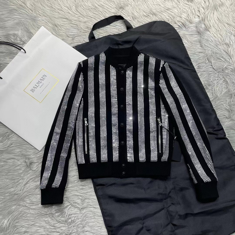Balmain Heavy-Duty Rhinestone Jacket Men's Striped Cardigan Fashion Versatile Casual Top