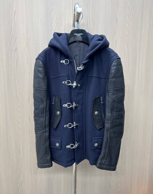 Balmain Men's Heavy-Duty Napoleon Leather Patchwork Jacket with Metal Buckle, Fashionable and Versatile