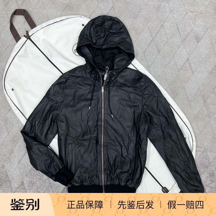 Gucci Men's Hooded Sheepskin Motorcycle Leather Jacket, Fashionable and Versatile Casual Lapel Top