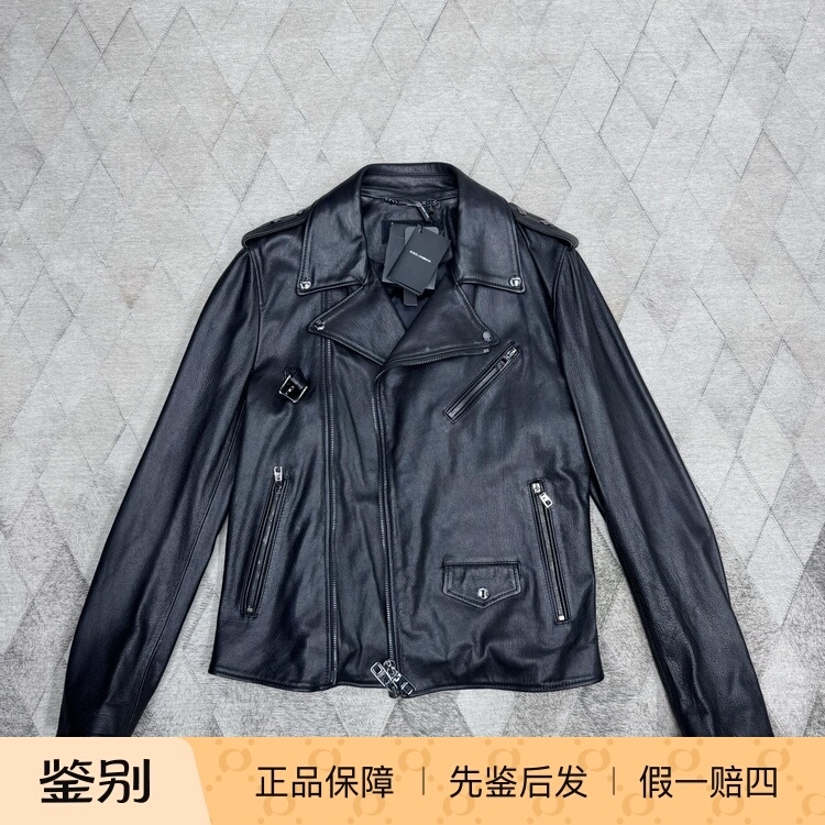 Dolce & Gabbana Men's Zip-Up Biker Leather Jacket Cowhide Jacket Casual