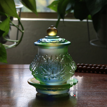 Zen Yue Buddhist Art Ancient Glass Relief Lotus Holy Water Cup Pure Lotus Tribute Cup Pure Water For Cup Buddha Hall Offering Ornaments