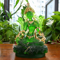 Zen Yue Buddhist art Ancient method glass paste gold and green mother Buddha statue painted Guanyin Bodhisattva Tantric offering Buddha hall decoration
