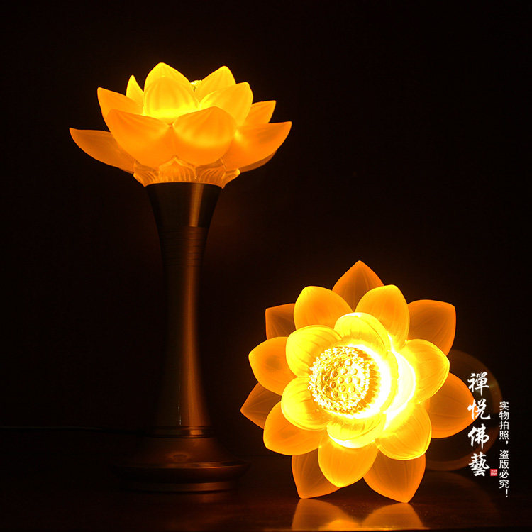 Buddhist supplies for Buddha lamp LED Qibao glass lotus lamp Changming Lamp Imported pure copper lamp holder height 26 cm