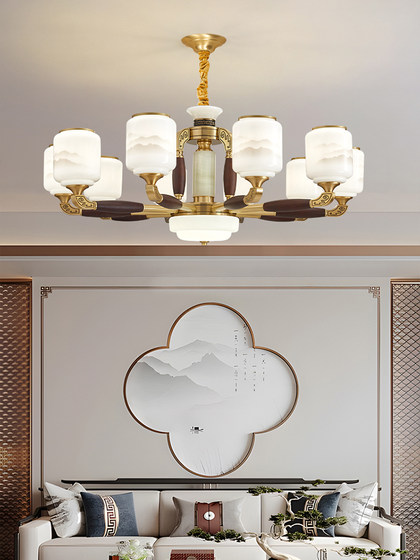 New Chinese-Style Living Room Chandelier with Copper, Jade, and Solid Wood, Hall Fan Light, Dining Room 2025 New Model, Whole House Lighting Fixtures