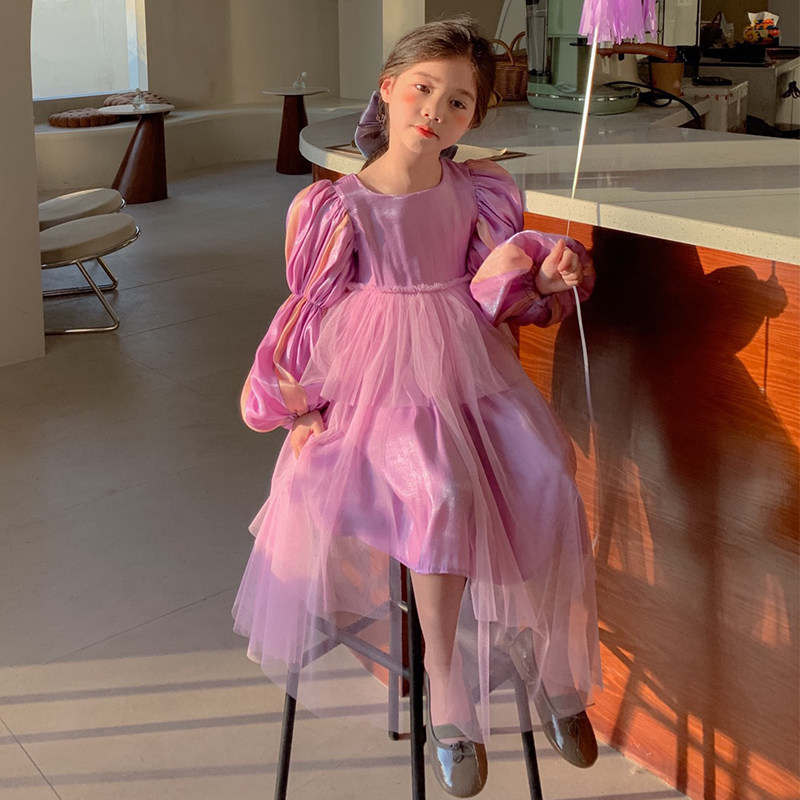 Children High-end 2021 Autumn Winter New Purple Long Hair Princess Dress Birthday Gown Dress Girl Fluffy Yarn Cake Dress