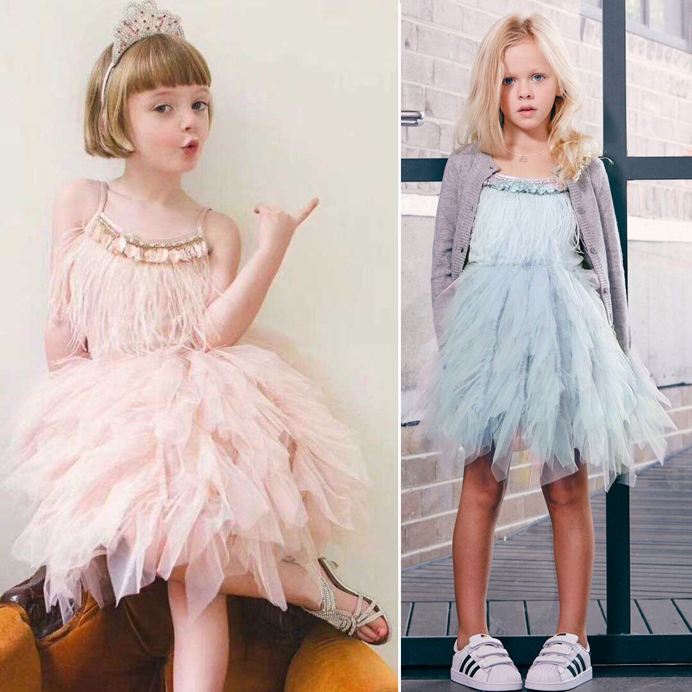 Girl's 2018 new swan feathers foreign dress fluffy dress for children's performance Birthday Gown