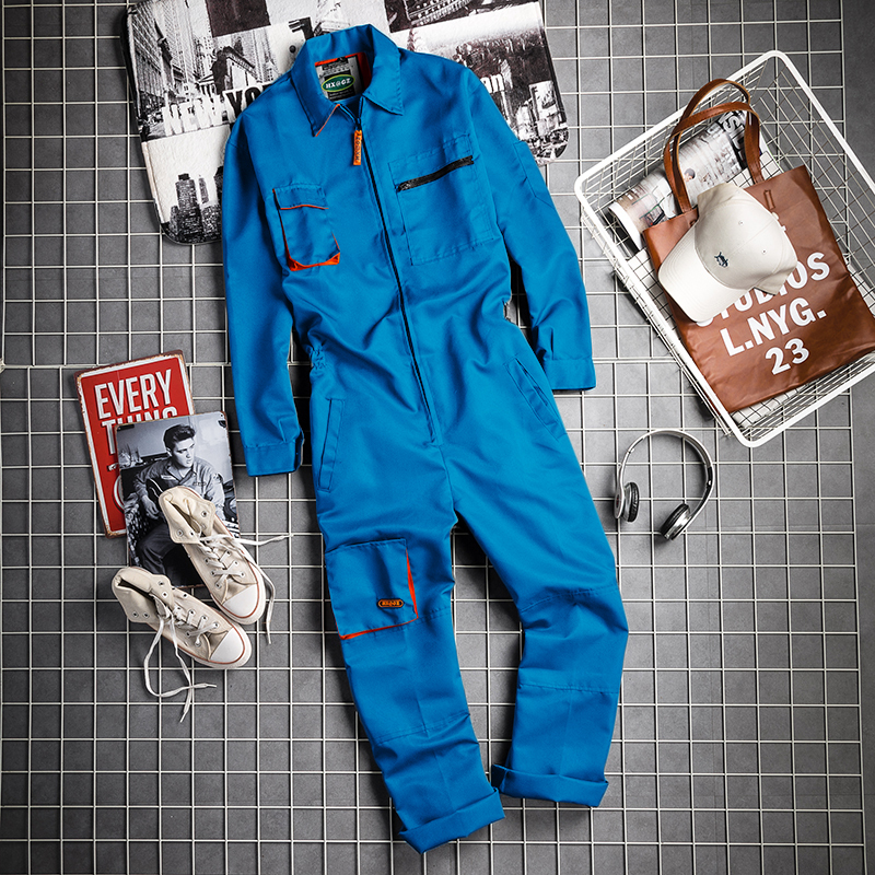 Workwear Long-Sleeve Jumpsuit for Men with Multiple Pockets, Trendy Korean Style, Japanese Retro, Large Size, Loose Casual Jumpsuit Set