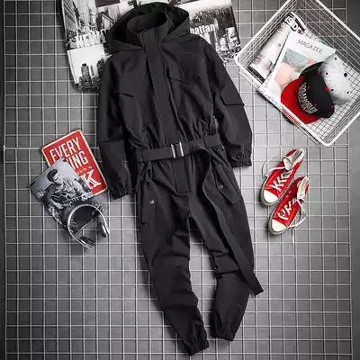 Spring and autumn hip hop hooded suit jumpsuit Japanese retro trend baby bag pants HIPHOP men's tooling jumpsuit
