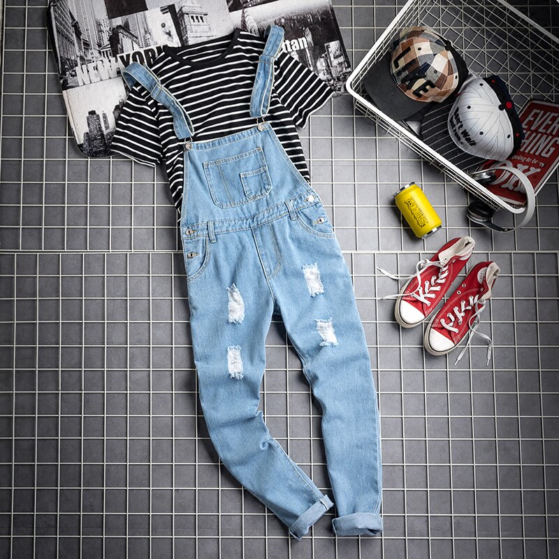 Boomer Inn small foot hanging band pants men's Korean version swarm with broken hole denim trousers lovers tooling cuddling bag pants