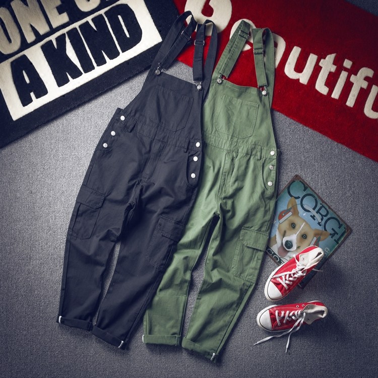 Hong Kong style men's nine-point Korean version trend nine-point one-piece pants personality solid color small feet young students slim overalls