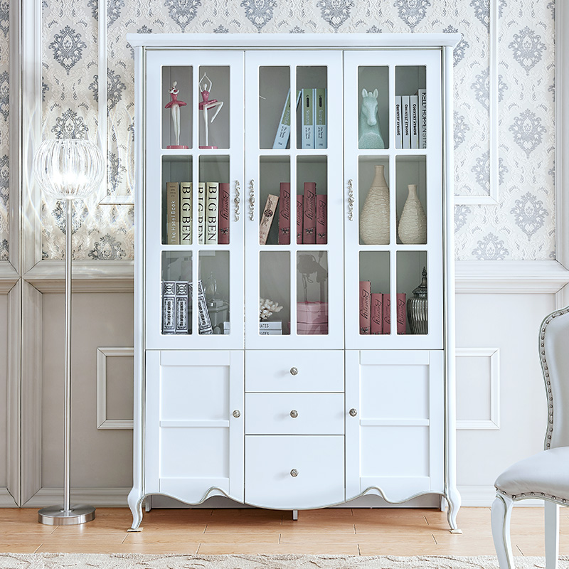 European-style bookshelf solid wood three-door bookcase with glass door combination modern minimalist multi-functional bookcase with storage drawers