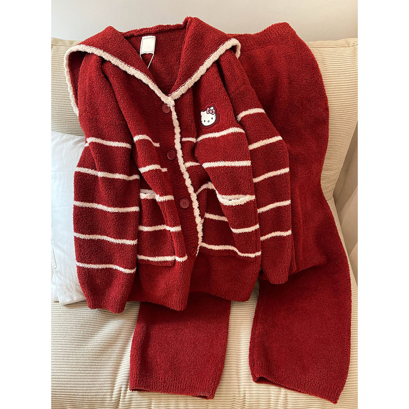 Red New Year Cartoon Cute Style Half-Velvet Pajamas for Women Winter Fleece-Lined Sailor Collar Sweet Christmas Loungewear Set