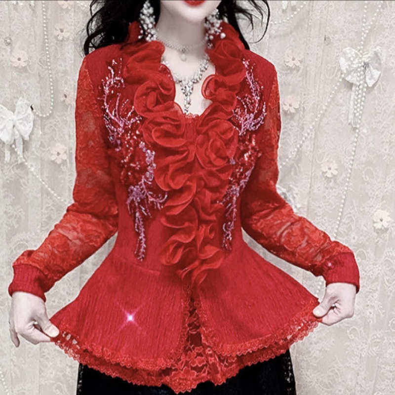 Red Floral Large Wave Heavy Beaded Fairy Blouse, Popular Spring and Autumn Style, Waist-Cinching, Slimming, Stylish Lace Base Shirt for Women