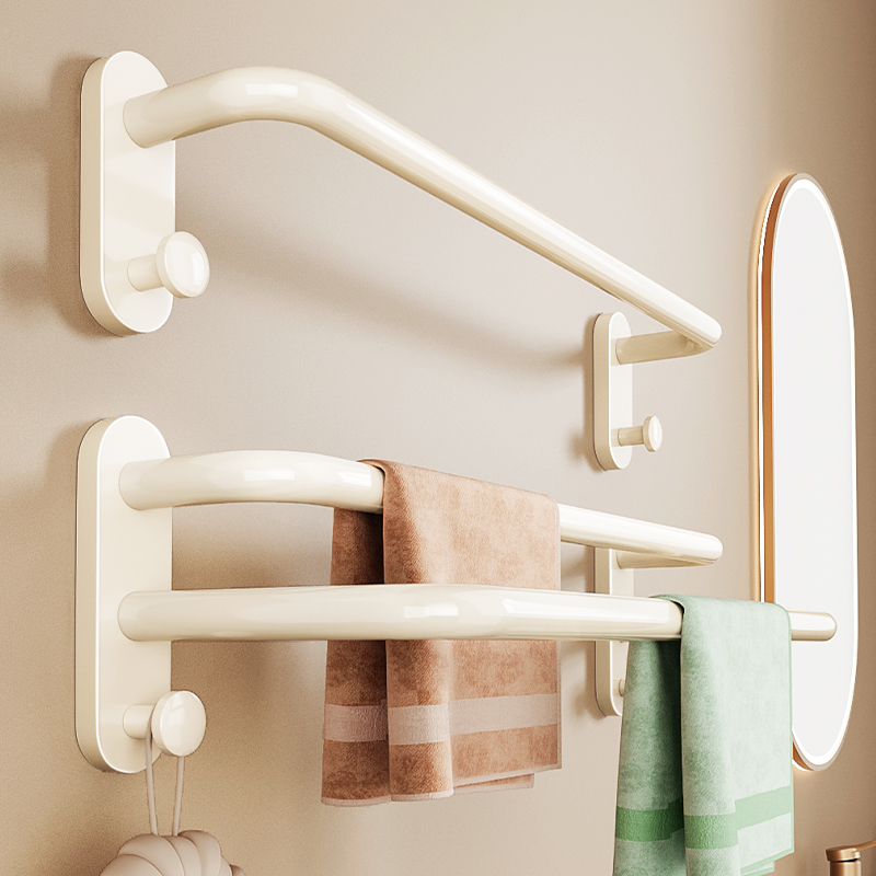 Toilet free from punching towel bar bathroom wall-mounted towel rack cream wind bath towels White shelving shelf-Taobao