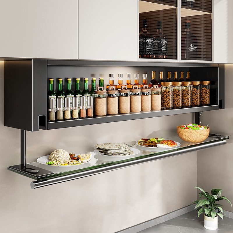 Kitchen Condiment Storage Rack, No-Drill Wall-Mounted Hanging Cabinet, Multifunctional Storage under the Wall Cabinet, Pull-Out Basket