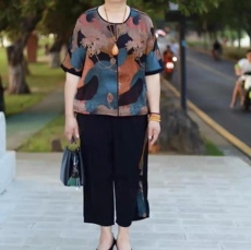 Одежда для дам 复杂服饰妈妈夏装短袖香云纱套装洋气中老年女装宽松仿真丝两件套