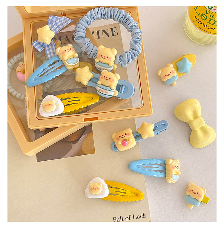 食颜派 卡子套组B黄油小熊组合 【可爱奶黄小熊系列 发饰组合 少女甜美 碎发刘海夹 高弹力发绳】