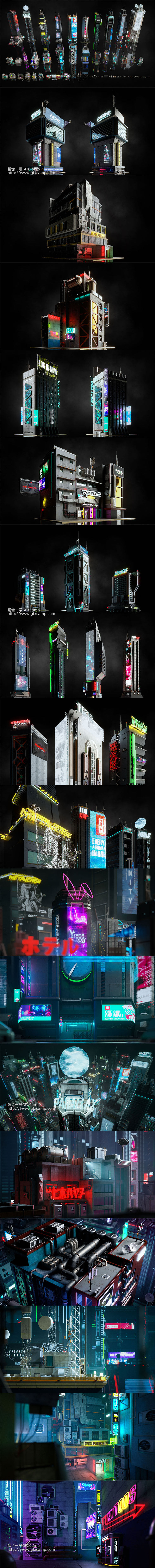 赛博朋克未来科幻楼房建筑3D模型 C4D/MAX/FBX/OBJ/Maya/Blender/Unity/Unreal等