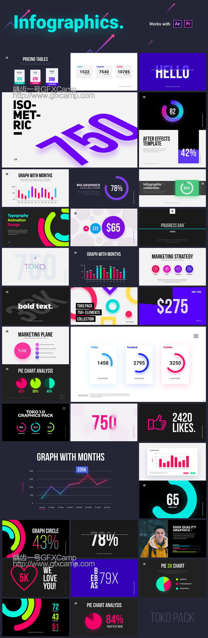 AE脚本+PR预设-1450+时尚排版商品介绍宣传包装文字标题字幕条Logo动画转场背景元素包 Graphics Pack TOKO V3(支持2019)