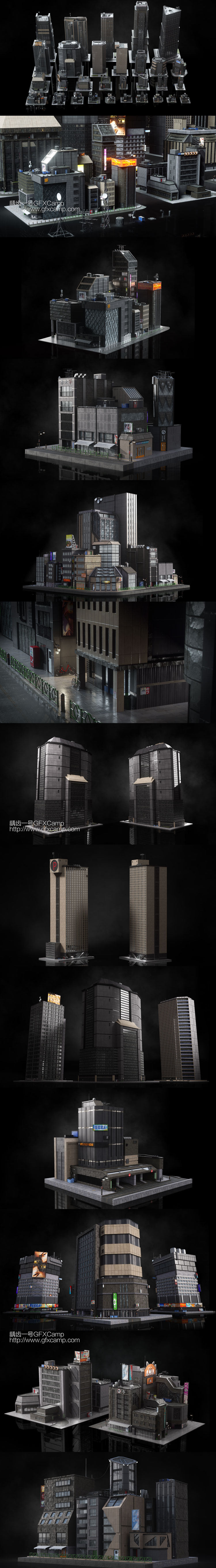 未来科幻东京城市楼房建筑3D模型 C4D/FBX/OBJ/MAX/Maya/Blender/Houdini/Unity等