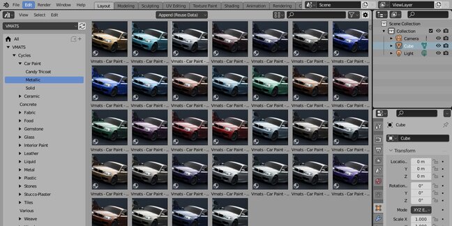 Blender 3574组材质贴图着色器4K资产预设插件 Vmats+Vshade 车漆布料金属液体等