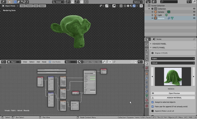 Blender 3574组材质贴图着色器4K资产预设插件 Vmats+Vshade 车漆布料金属液体等